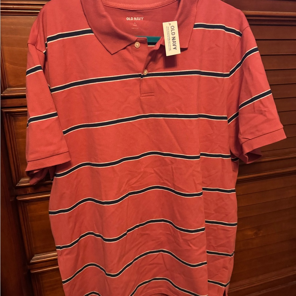 Old Navy Men's Polo Shirt in Coral with Blue Stripes